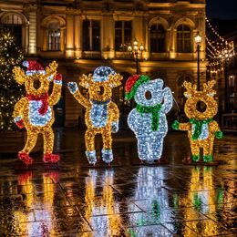 Vianočná dekorácia - Sada 4 postáv so sobmi a LED snehuliakom
