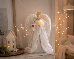 Bielo-strieborný LED anjel s melódiou - 45 cm