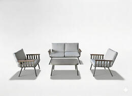 Záhradný nábytkový set (Sofa + 2 kreslá + stolík) béžový s béžovými vankúšmi