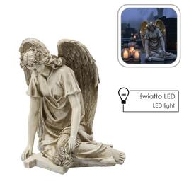 Figúra sediaceho anjela s krížom a LED osvetlením - béžová