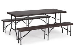 Catering set s 180 cm banketovým stolom a 2 ratanovými lavičkami – Hnedý