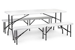 Catering set s jedálenským stolom 180 cm a 2 lavičkami, biely