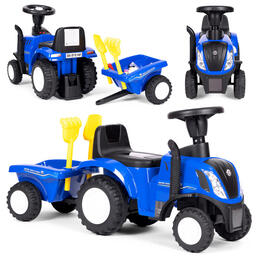 Traktor na jazdu New Holland s prívesom a interaktívnym volantom pre deti - modrý