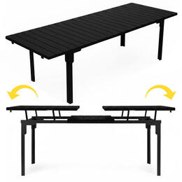 Rozkladací záhradný stôl 180–240 cm pre 12 osôb, oceľ a HDPE, čierny