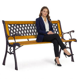 Drevená záhradná lavička s otvoreným operadlom a liatinovými nohami, 126×51 cm