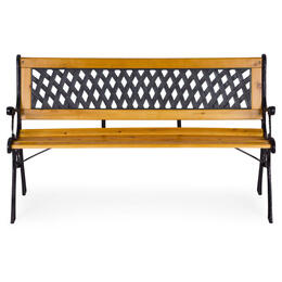 Drevená záhradná lavička s otvoreným operadlom a liatinovými nohami, 126×51 cm