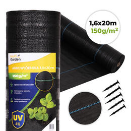 Čierna agro textília odolná voči UV žiareniu 150 g/m² na kontrolu buriny 1.6×20 m s kolíkmi