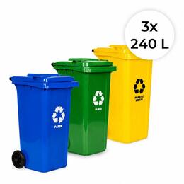 Set 3 odpadkových košov 3x240L (modrý, zelený, žltý) na papier, sklo a plast s kolieskami