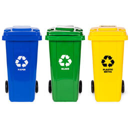 Set 3 odpadkových košov 3x240L (modrý, zelený, žltý) na papier, sklo a plast s kolieskami